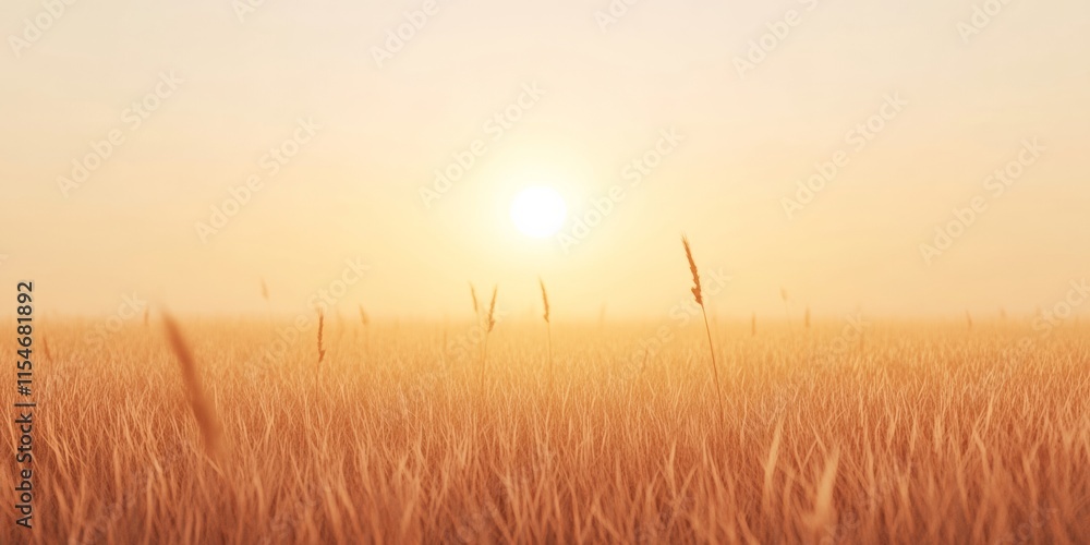 Fototapeta premium Serene Sunlit Meadow with Golden Wheat at Sunrise Capturing Tranquil Nature Scenery