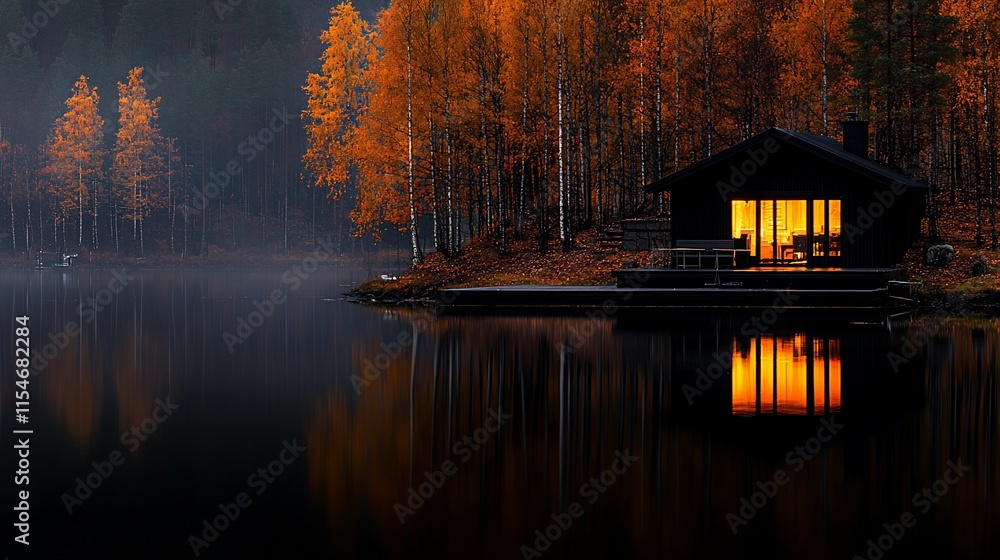 Obraz premium Cozy cabin on a tranquil lake at autumn dusk.
