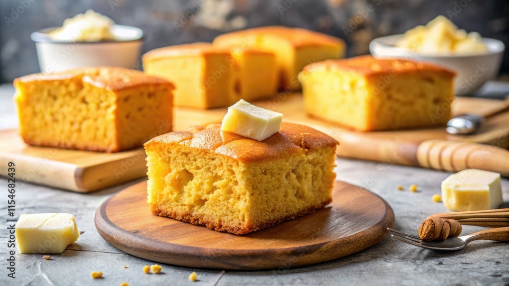 Sweet honey butter ribbons through crumbly cornbread, a tempting panoramic food photograph on a pristine marble surface. Sweet honey butter ribbons through crumbly cornbread, a tempting panoramic food photograph on a pristine marble surface.
