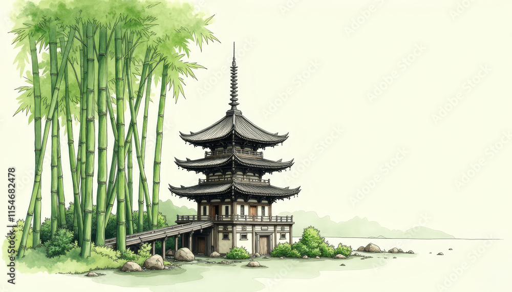 Fototapeta premium Hand-drawn pagoda next to bamboo and rocks in a serene and peaceful setting