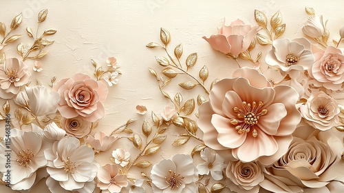 A textured cream backdrop with pastel floral elements and traditional golden accents