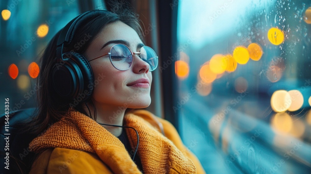 Young Woman Enjoying Music While Traveling on a Rainy Day, Dressed in Vibrant Yellow Coat with Headphones, Gazing Out the Window at Blurred City Lights Young Woman Enjoying Music While Traveling on a Rainy Day, Dressed in Vibrant Yellow Coat with Headphones, Gazing Out the Window at Blurred City Lights