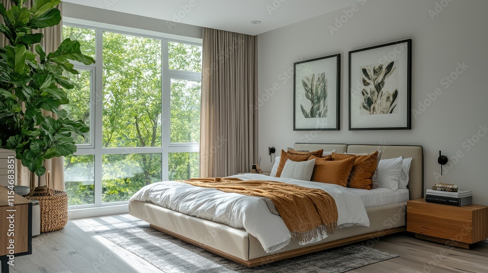 Serene Bedroom with Natural Light and Lush Greenery Serene Bedroom with Natural Light and Lush Greenery