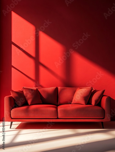 Red Sofa Against Red Wall In Sunlight