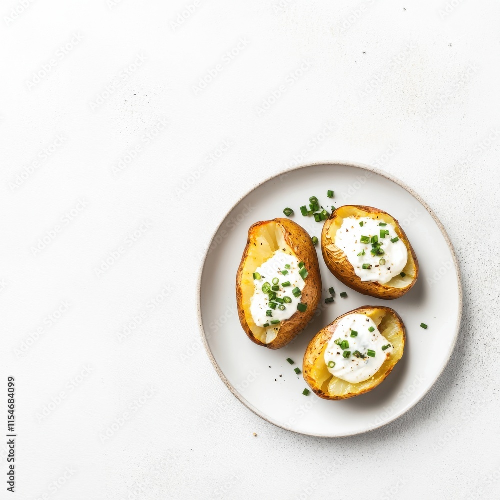 Baked potatoes on a plate. Featuring sour cream and chives Baked potatoes on a plate. Featuring sour cream and chives