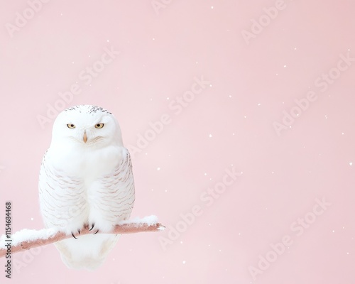 Majestic Snowy Owl on Frosty Branch in Minimalist Winter Scene