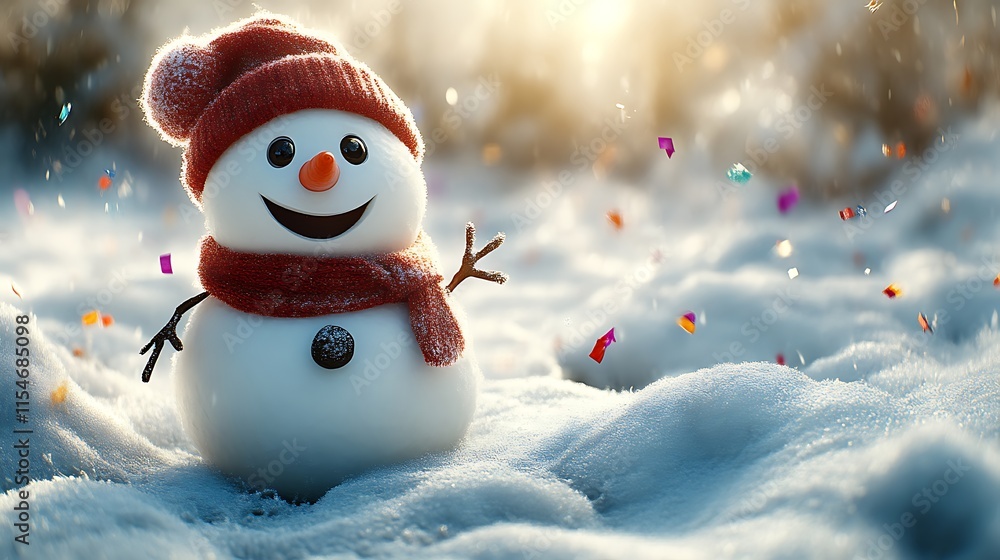 Fototapeta premium Happy Snowman In Winter Wonderland With Confetti