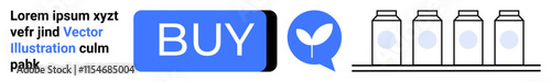 BUY button accompanied by leaf icon and product text, four containers on a shelf. Ideal for e-commerce, online shopping, digital marketing, product display, advertising, UI design, landing page