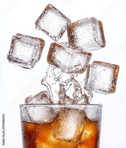 Glass of cola with ice and water drops on a white background