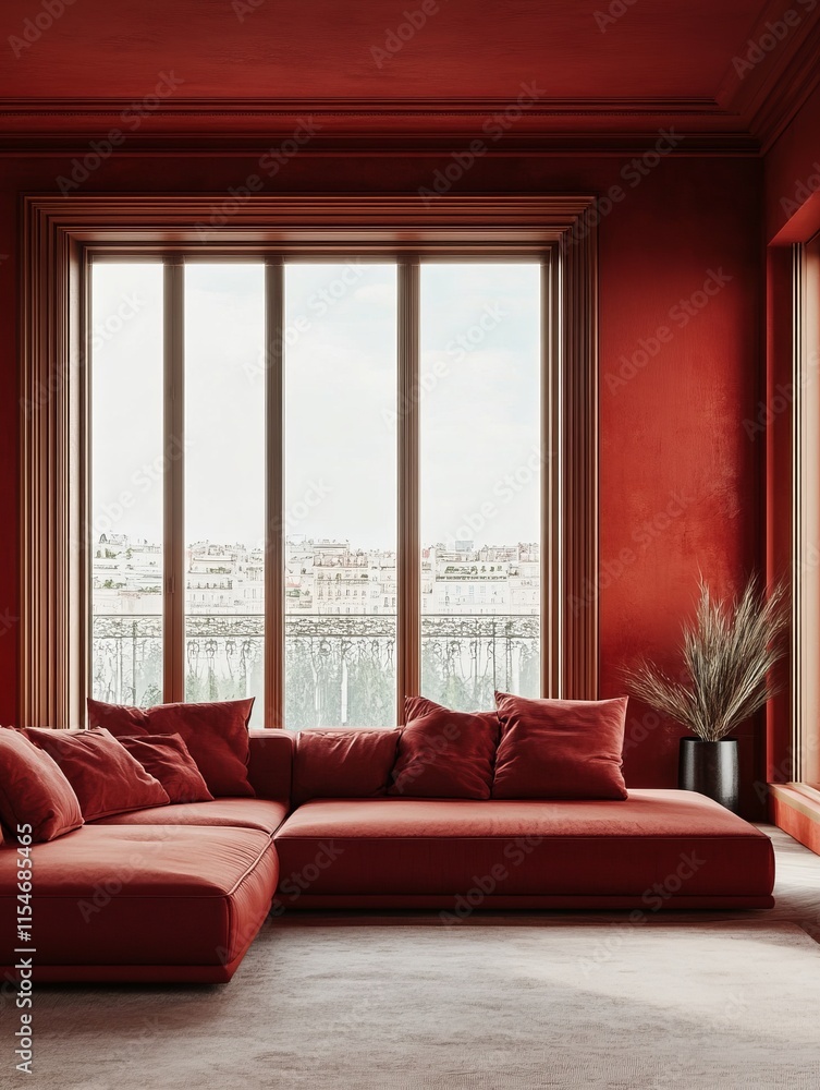 Fototapeta premium Red Living Room Sofa Large Window City View