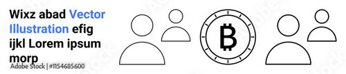 Bitcoin symbol at center, surrounded by simplistic human figures. Ideal for finance, cryptocurrency, blockchain education, fintech, investor information, digital currency, technical tutorials