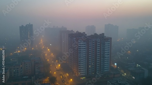 Smoggy Cityscape at Dawn: An Aerial View of Urban Haze