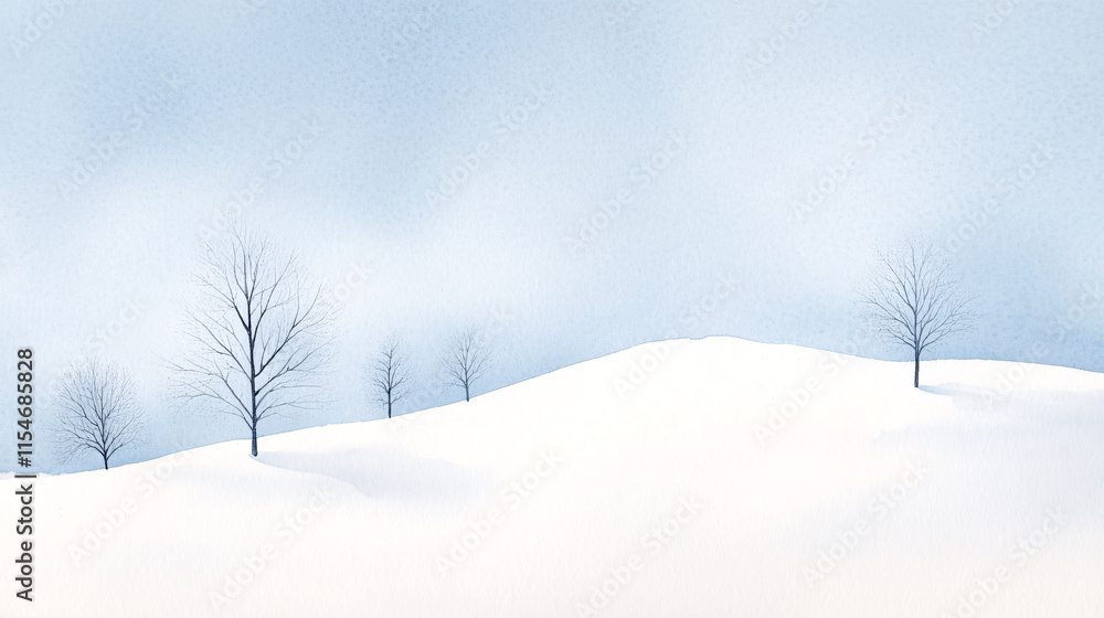 Obraz premium A minimalist watercolor representation of a snowy January hillside, with rolling white drifts and sparse, leafless trees. The sky is a blend of muted blues and silvers, creating a cold but calming