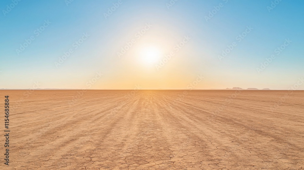 Naklejka premium Vast desert landscape under a bright sun and clear blue sky.