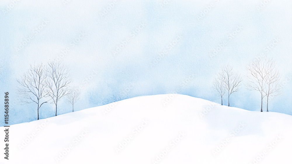 Obraz premium A minimalist watercolor representation of a snowy January hillside, with rolling white drifts and sparse, leafless trees. The sky is a blend of muted blues and silvers, creating a cold but calming