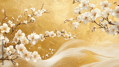 A luxurious gold-and-white textured background with Japanese plum blossoms and wave patterns photo