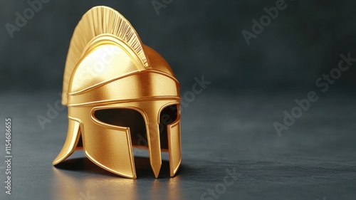 Golden Spartan helmet on a dark background. photo