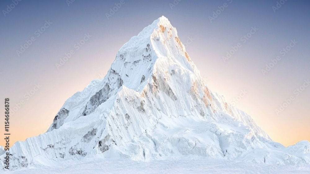 Obraz premium Snow-covered mountain peak under a clear sky at sunrise.