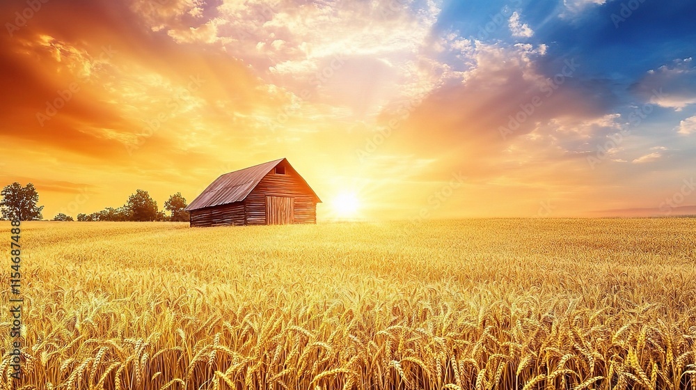Rustic Barn in Golden Wheat Field Under Vibrant Sunset Skies