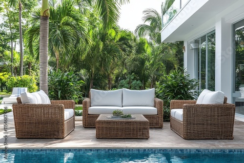 Wallpaper Mural 4-seater outdoor garden furniture set with white cushions, rattan and steel frame, in front of pool near Miami beach house. Torontodigital.ca