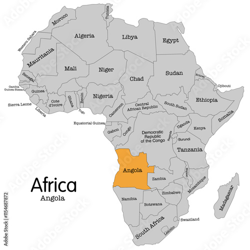 High-quality vector map of Africa with Angola highlighted. Perfect for educational resources, travel guides, geographical publications, and presentations. Editable vector file for easy customization.