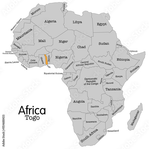 Editable vector map of Africa highlighting Togo. Ideal for educational, geographical, and travel-related projects.
