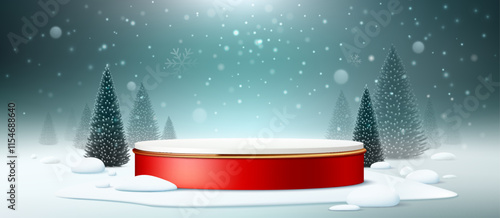 Red and white podium display, christmas pine tree on snow banner design background, Eps 10 vector illustration