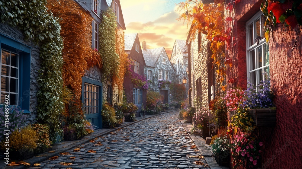Fototapeta premium Autumnal Charm: A Picturesque Cobblestone Street