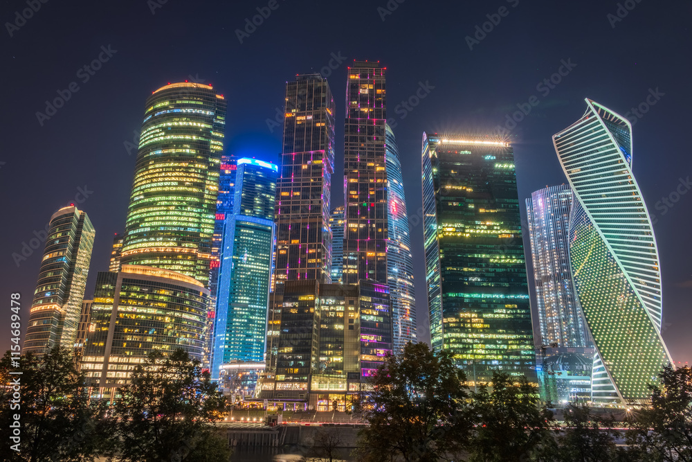 Fototapeta premium Moscow city at summer night. Modern skyscrapers in Moscow-city downtown. Moscow, Russia