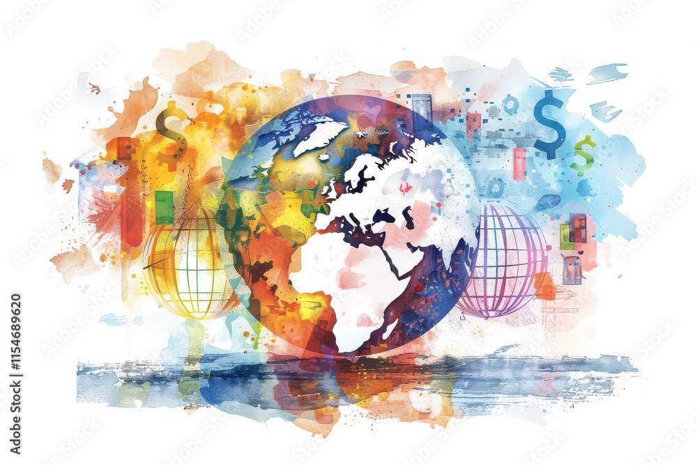 Naklejka premium Watercolor Illustration of a Globe with Financial Symbols