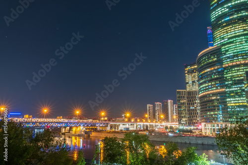 Photography The scyscrapers of the Moscow City at night and the Dorogomilovsky bridge with illumination
