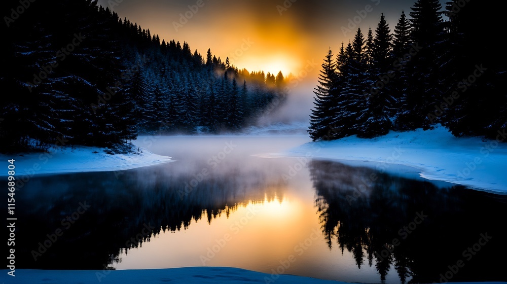 Fototapeta premium Majestic Winter Sunrise over a Serene Frozen Lake, Mirrored Beauty