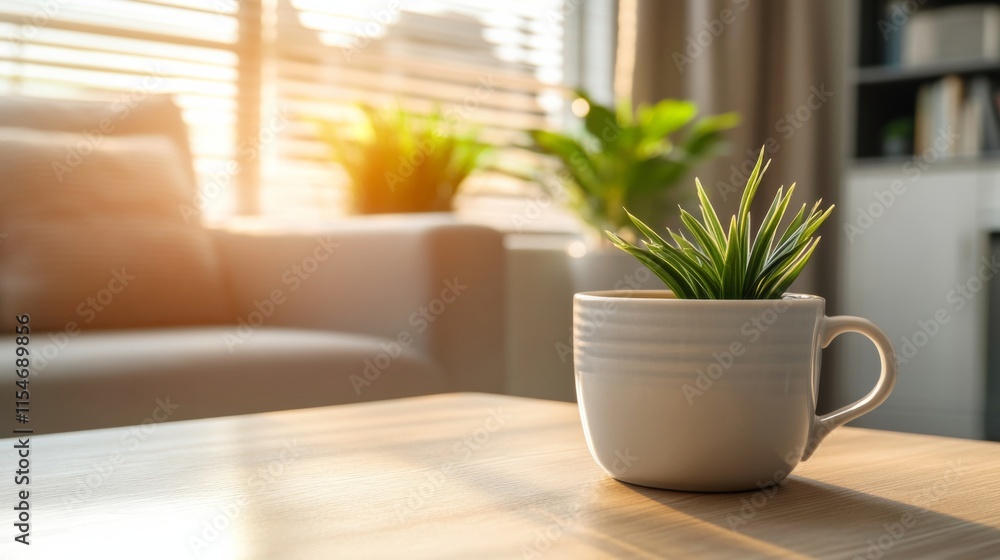 Cozy Living Room with Tea and Plants in Sunlight Cozy Living Room with Tea and Plants in Sunlight