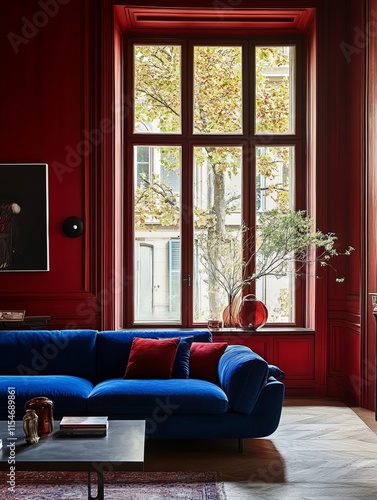 Elegant Living Room with Blue Velvet Sofa and Red Walls