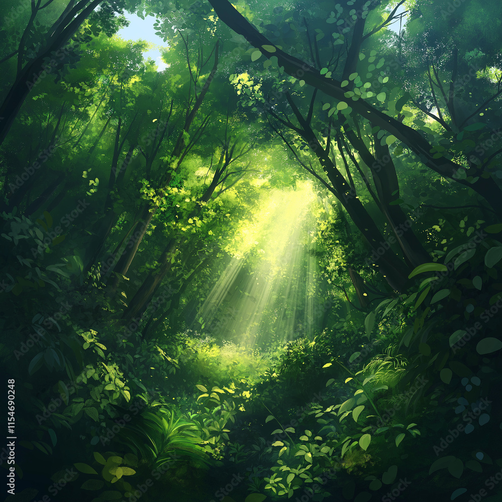 Sunlit Green Canopy in Deep Forest Background