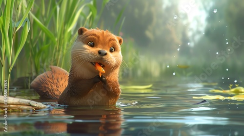 Cute otter eating fish in a pond.