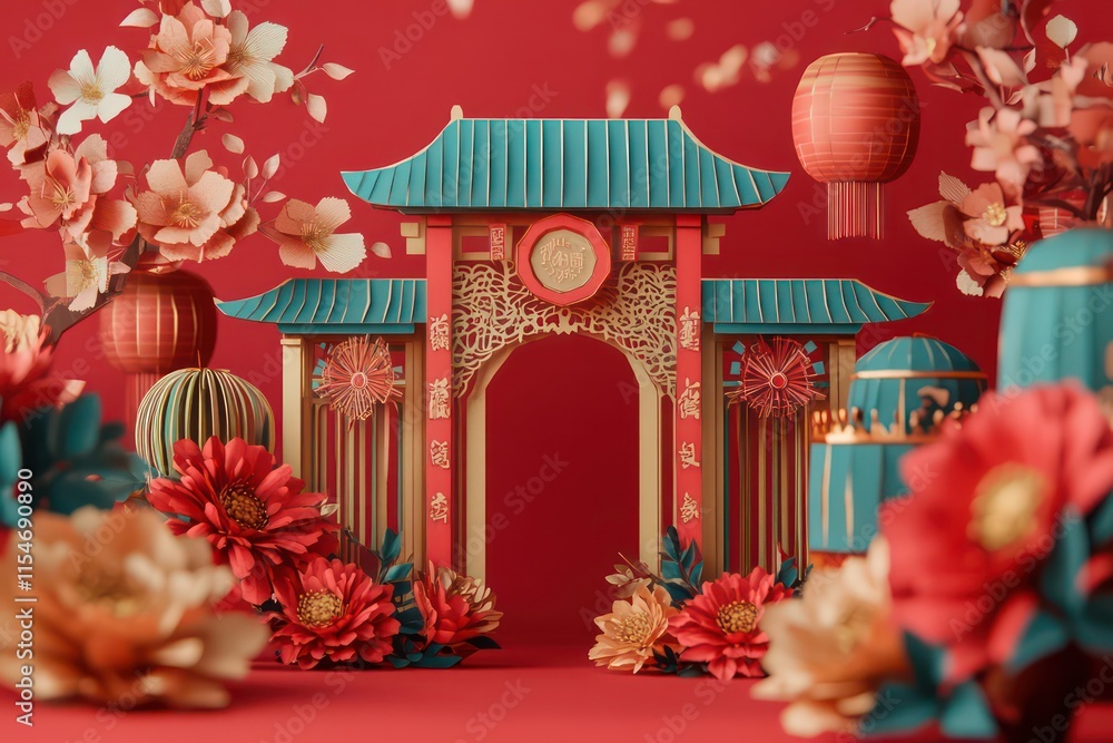 Obraz premium A beautiful Chinese New Year banner with papercut flowers, lanterns, and a traditional arch, celebrating the Mid-Autumn Festival.