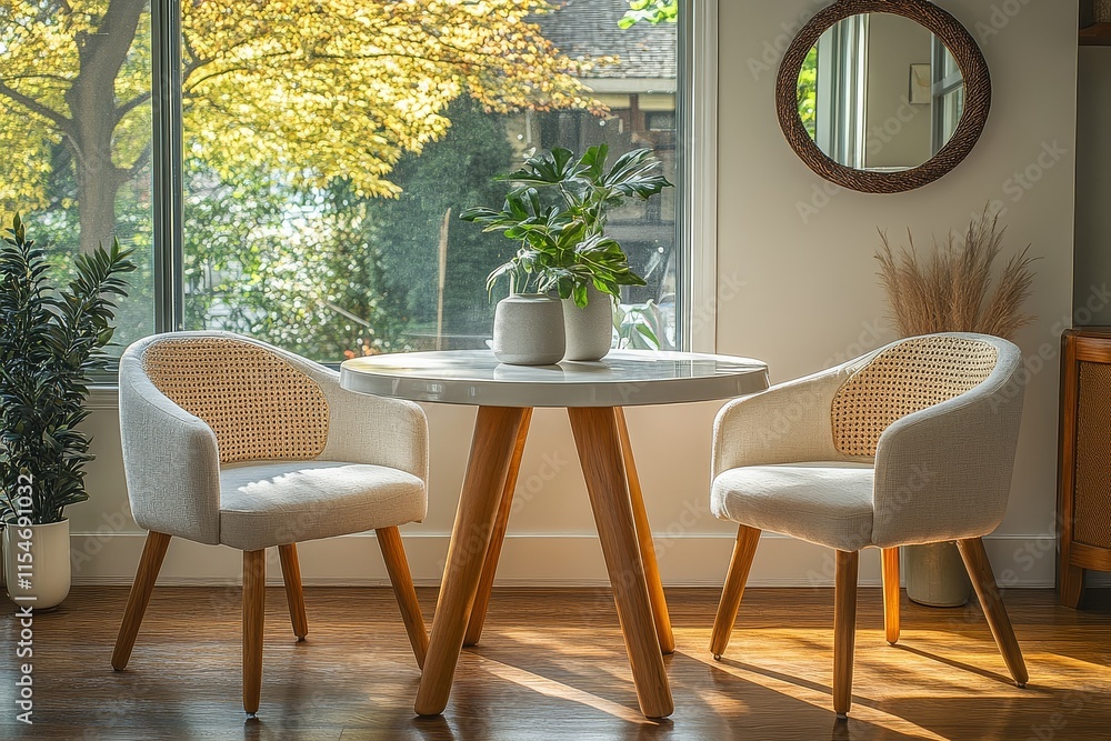 Fototapeta premium Dining table with two chairs and an armchair, featuring a round white ceramic-top table with rattan accents. Natural light, small plant, and mirror add modern decor.