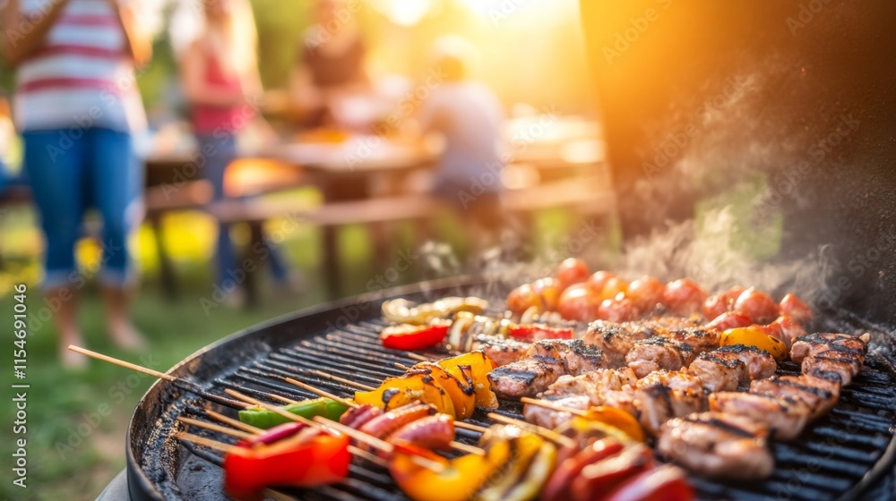 Enjoying a Backyard Barbecue at Sunset with Friends Enjoying a Backyard Barbecue at Sunset with Friends