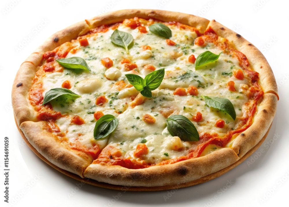 Gourmet four-cheese pizza photography; rich texture showcased against a clean white background. Gourmet four-cheese pizza photography; rich texture showcased against a clean white background.