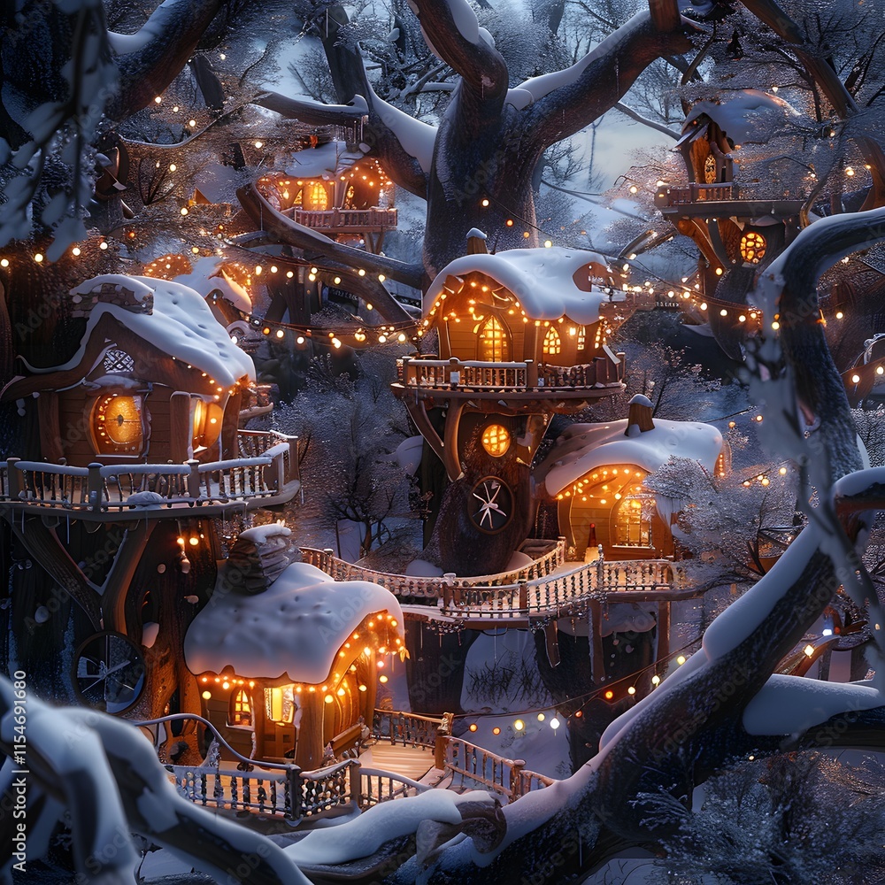 Obraz premium Cozy Snowy Treehouse Village Perched Among Frosty Trees at Night