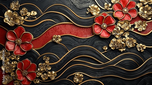 A bold red and black backdrop with intricate gold floral details and wave patterns photo