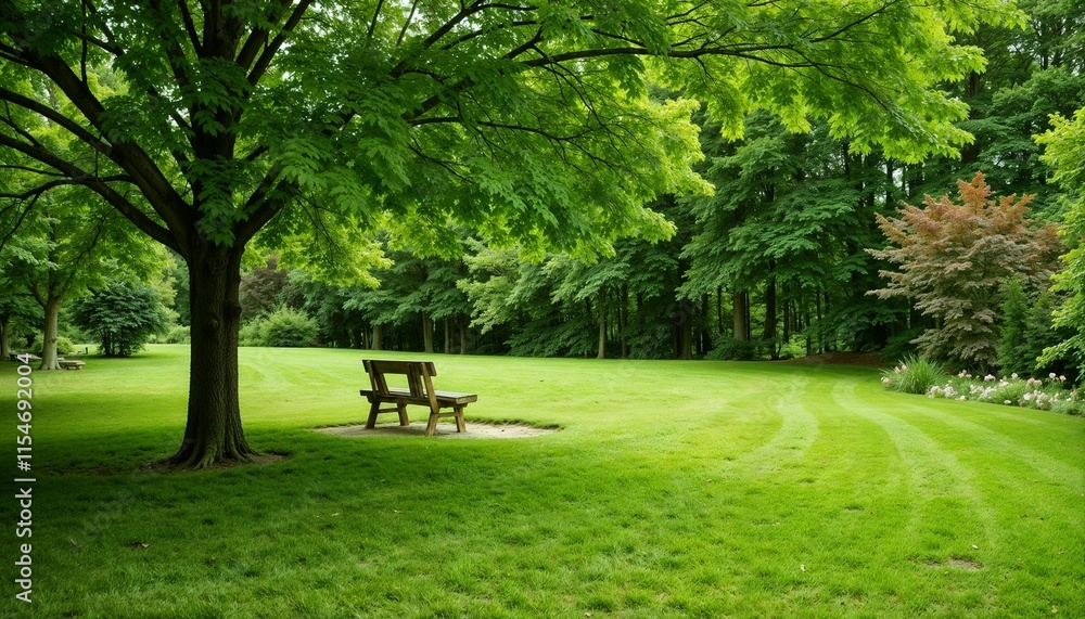 Lush green park, serene atmosphere, empty wooden bench, natural landscape with trees Lush green park, serene atmosphere, empty wooden bench, natural landscape with trees