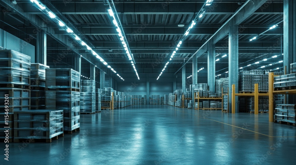 A vast industrial warehouse with neatly stacked pallets of goods, bright overhead fluorescent lighting, clean concrete floors, and organized storage shelves A vast industrial warehouse with neatly stacked pallets of goods, bright overhead fluorescent lighting, clean concrete floors, and organized storage shelves