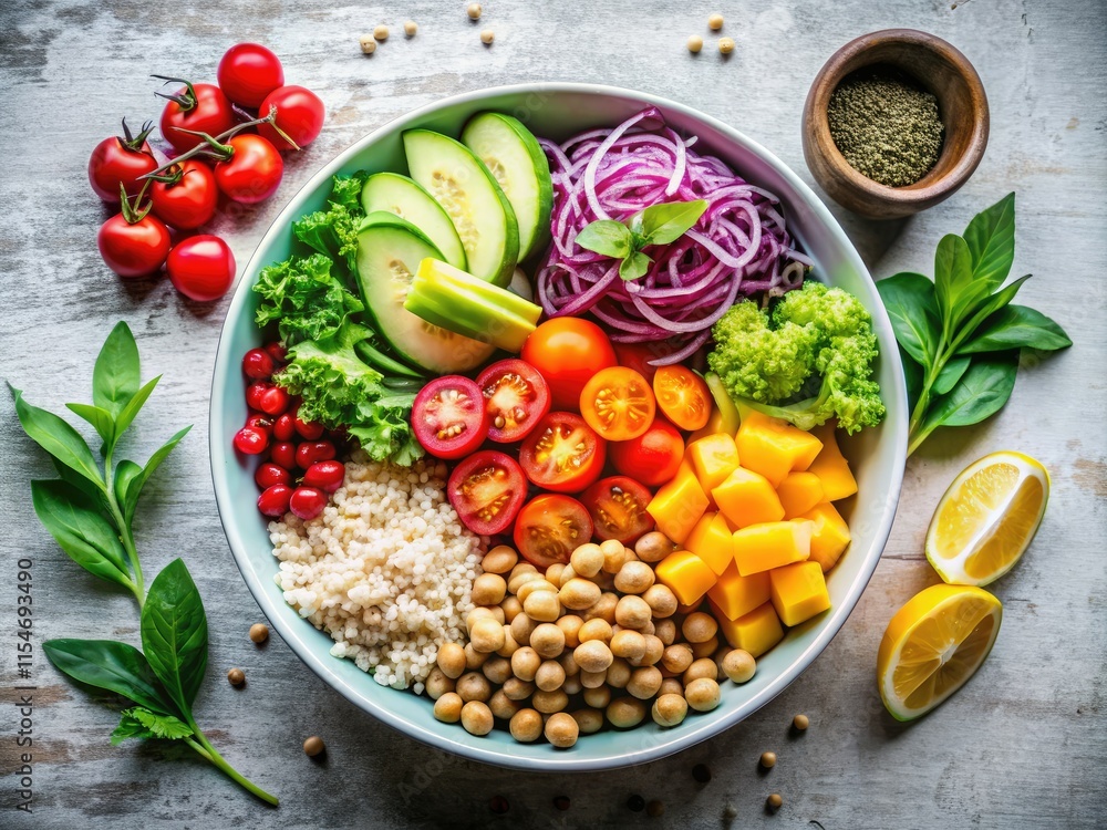 Minimalist Buddha bowl photography showcases vibrant grains and colorful vegetables. Recipe included! Minimalist Buddha bowl photography showcases vibrant grains and colorful vegetables. Recipe included!