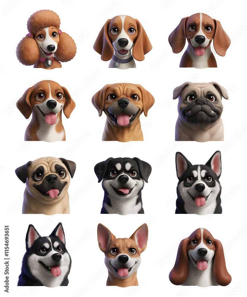 Obraz premium Collage of cute dogs and puppies sitting in a studio on a white background