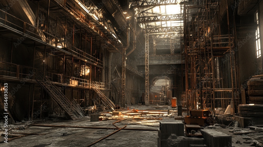 A cavernous industrial warehouse with scaffolding along the sides and heavy-duty equipment scattered about A cavernous industrial warehouse with scaffolding along the sides and heavy-duty equipment scattered about