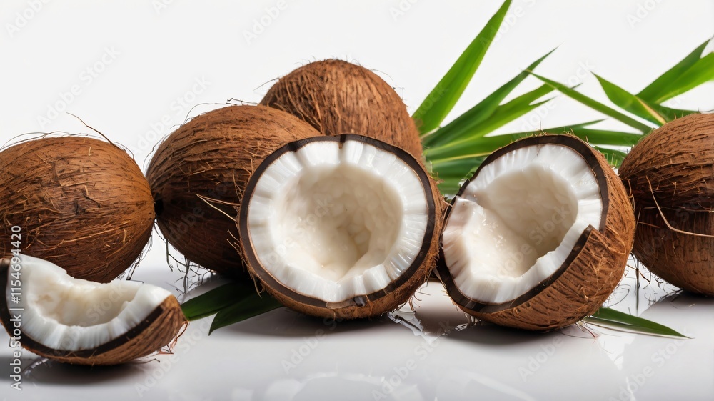 Freshly harvested coconuts arranged with palm leaves showcasing their natural texture and flavor Freshly harvested coconuts arranged with palm leaves showcasing their natural texture and flavor