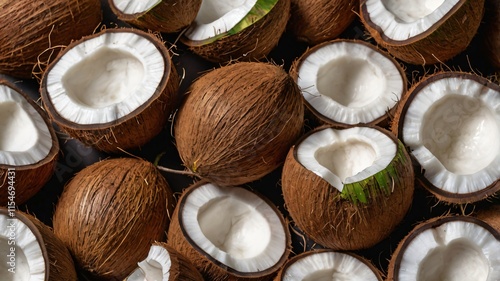Freshly harvested coconuts cut open and displayed on a surface