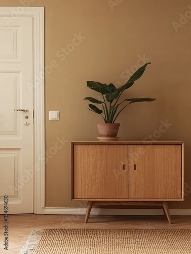Mid century modern sideboard with plant in room